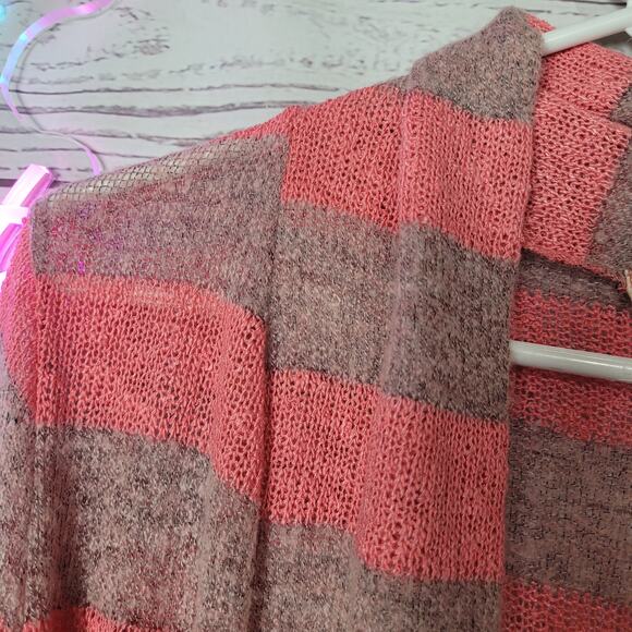 Y2K Preppy Pink Brown Striped Knitted Belted Medium Length Sweater Cardigan Lg - Picture 4 of 7